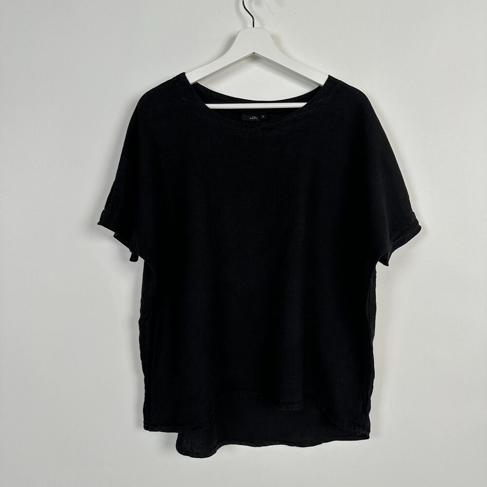 Lisa Bayne Womens Black Linen Top Small Boxy Lagenlook Oversize Beachy Coastal